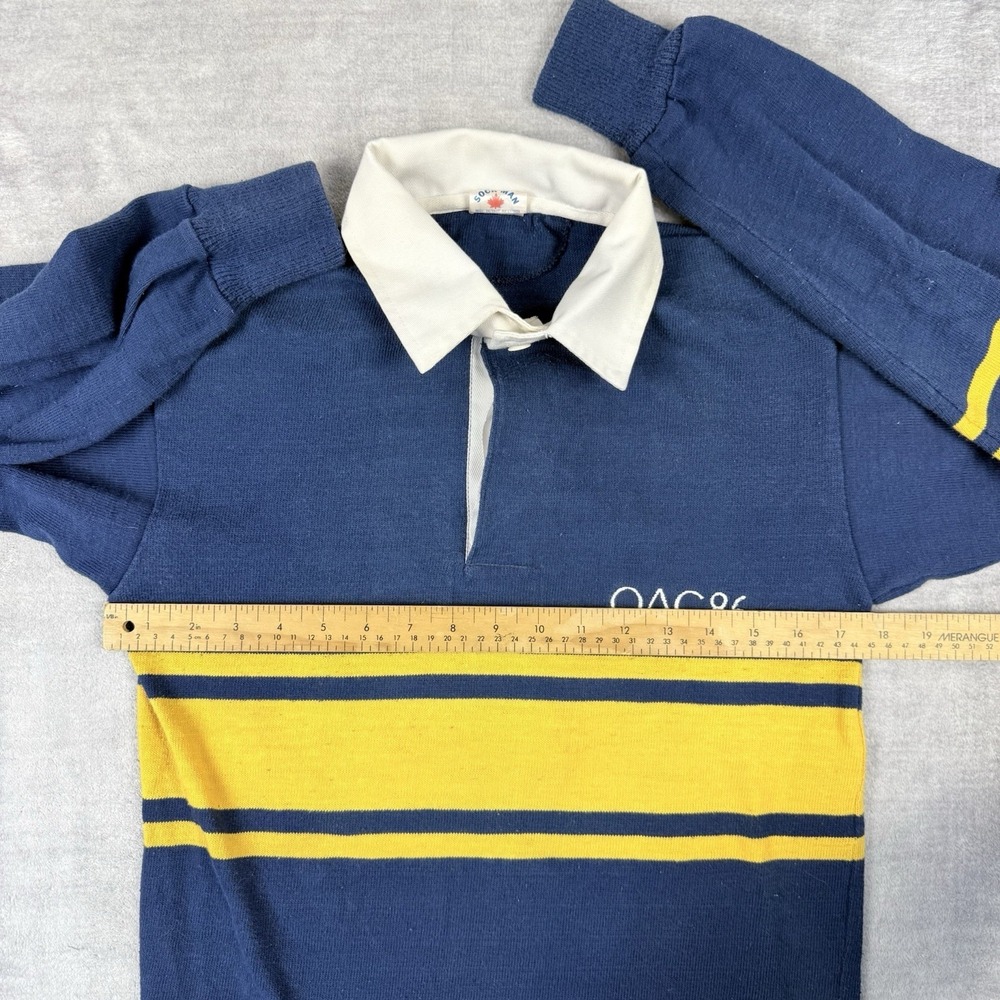 Vintage 80s Rugby Polo Mens Medium Navy Blue Striped Ontario Agriculture School - Picture 10 of 11